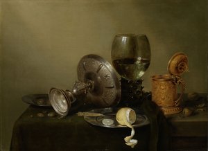 Stilleven met vergulde biertankard